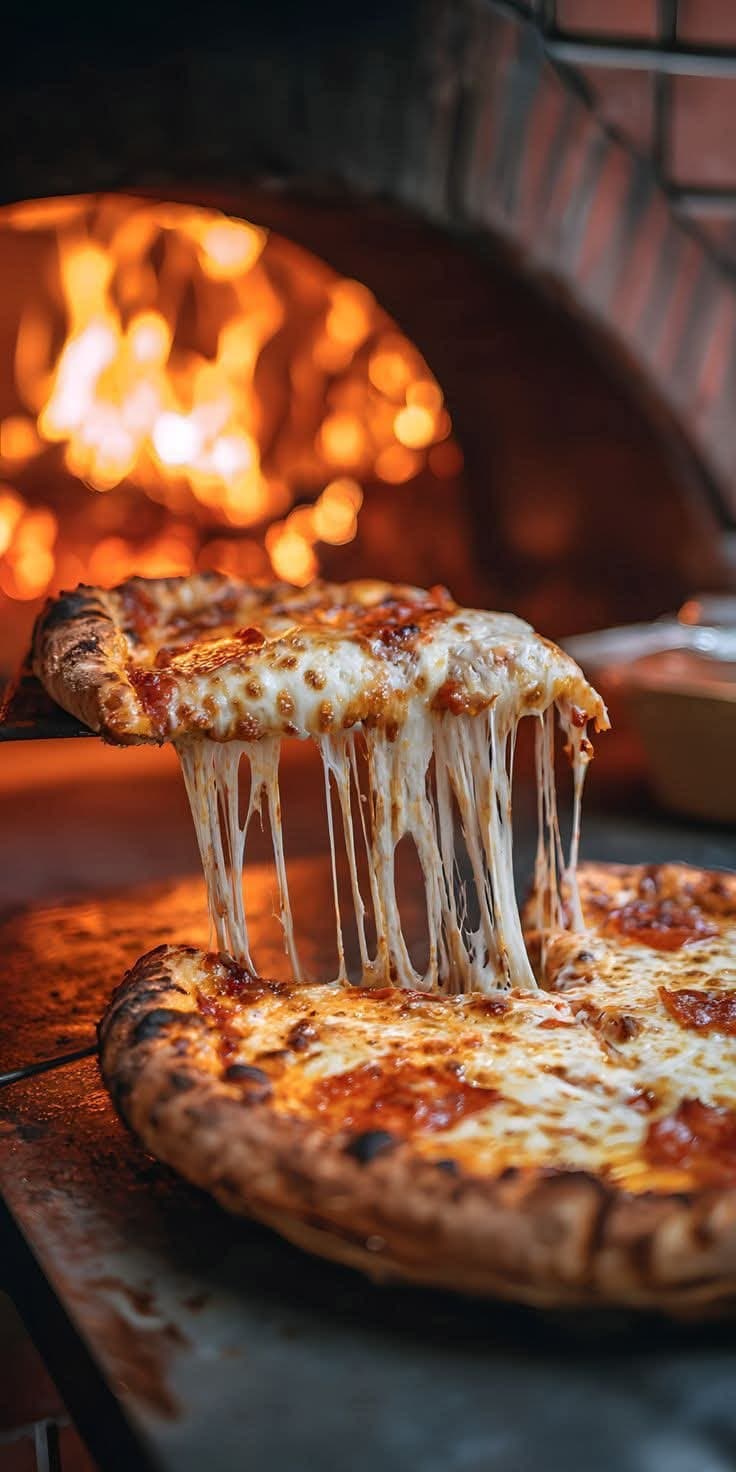 Pizza puxada do forno a lenha aceso, queijo derretendo